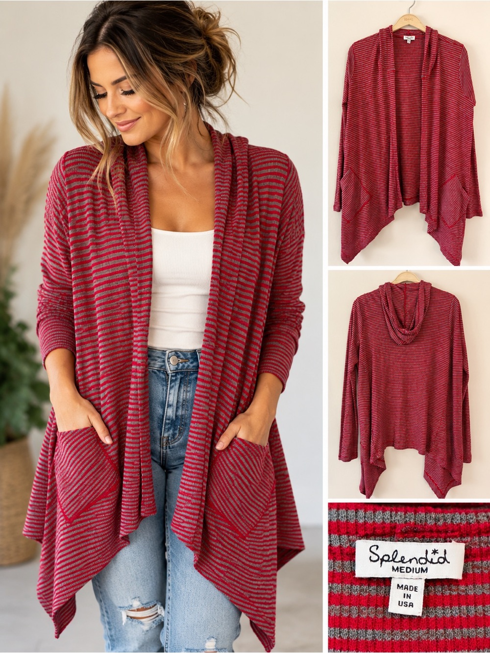 Splendid Red and Gray Striped Hooded Open Cardigan
